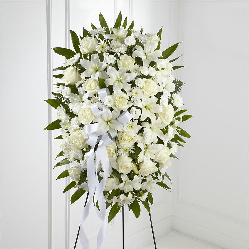 Exquisite Tribute Standing Spray-White Ribbon – Vincent Fleuriste, Sainte-julie PQ